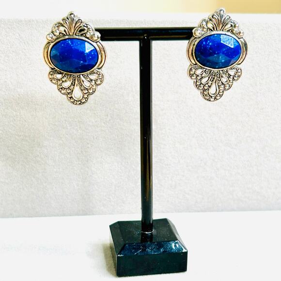 Silver Tone Faux Lapis Center Ornate Earrings - Picture 1 of 3